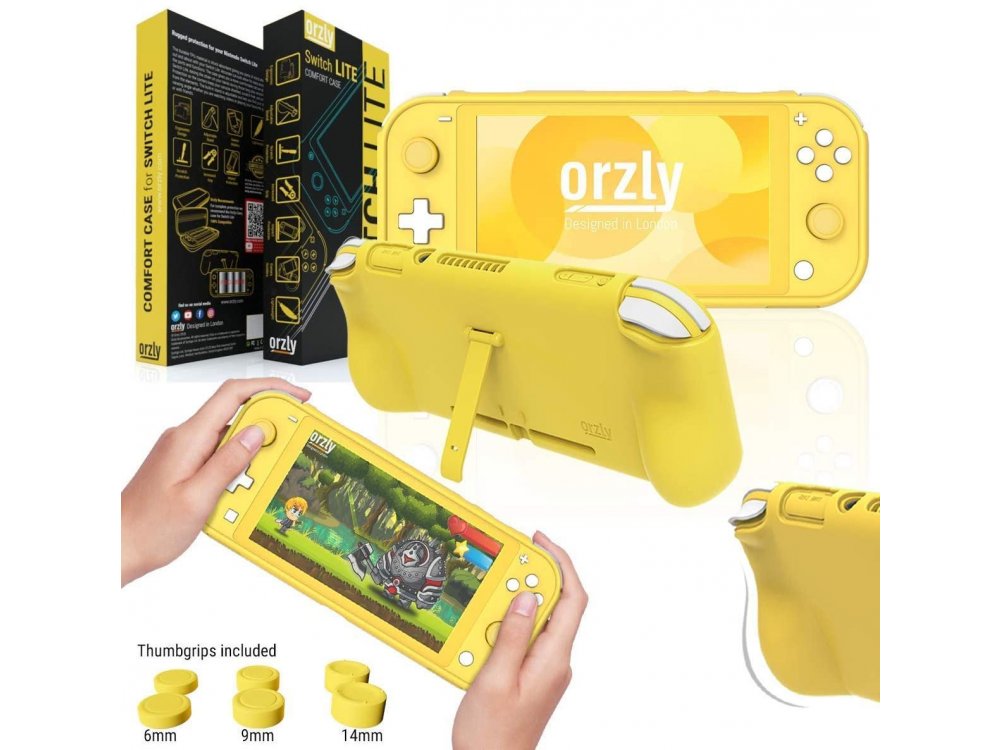 Orzly Nintendo Switch Lite cover προστασίας Comfort Grip με Kickstand & Pack of 6 Thumb Grips - Yellow