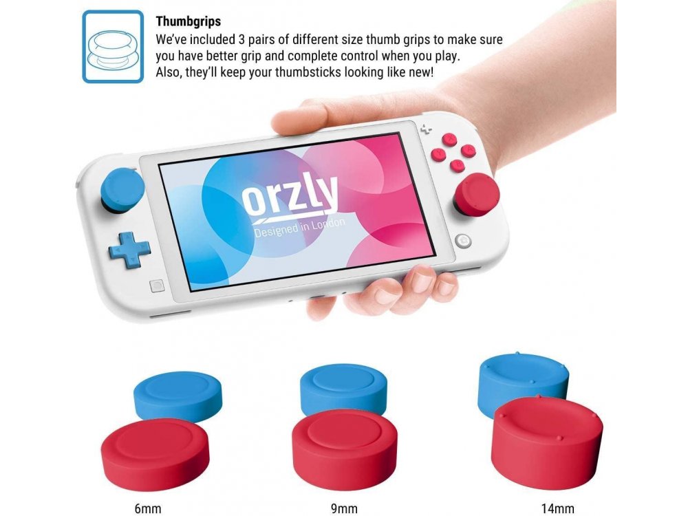 Orzly Nintendo Switch Lite protection cover Comfort Grip with Kickstand & Pack of 6 Thumb Grips - Z & Z Edition