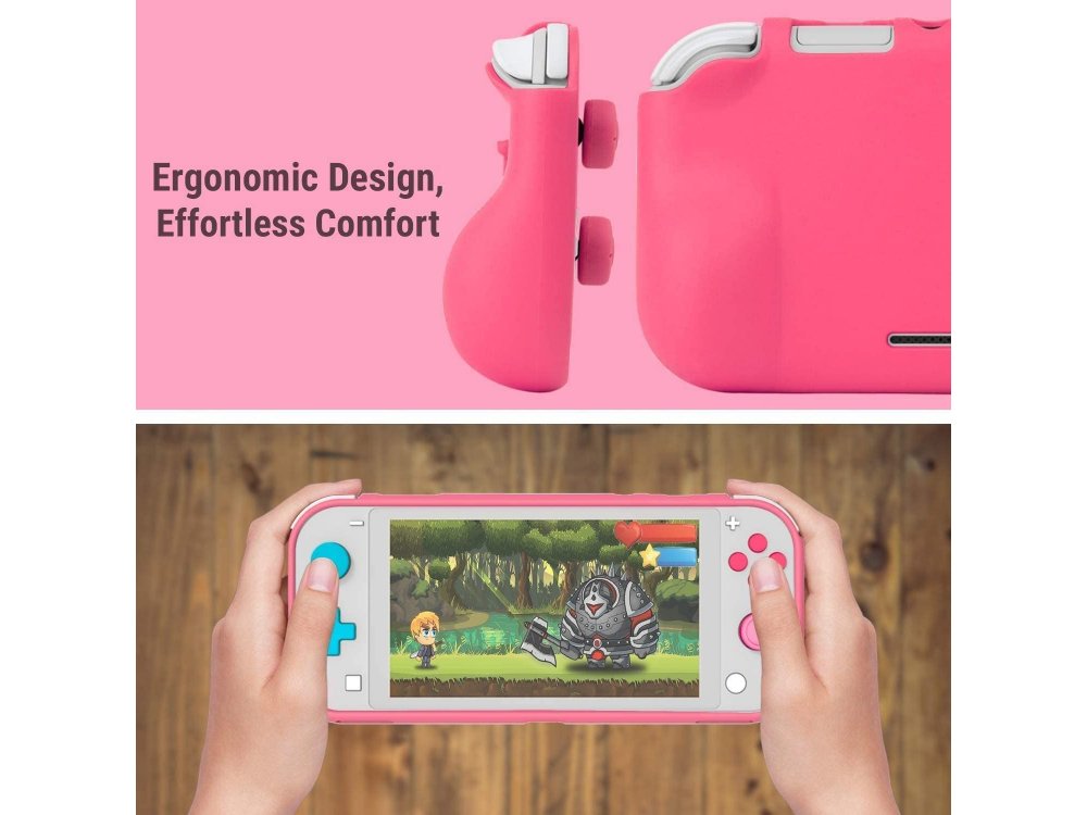 Orzly Nintendo Switch Lite protection cover Comfort Grip with Kickstand & Pack of 6 Thumb Grips - Pink