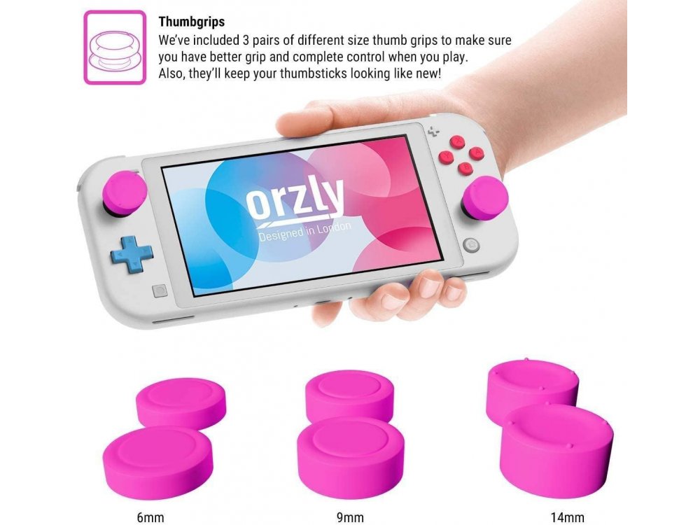 Orzly Nintendo Switch Lite protection cover Comfort Grip with Kickstand & Pack of 6 Thumb Grips - Pink