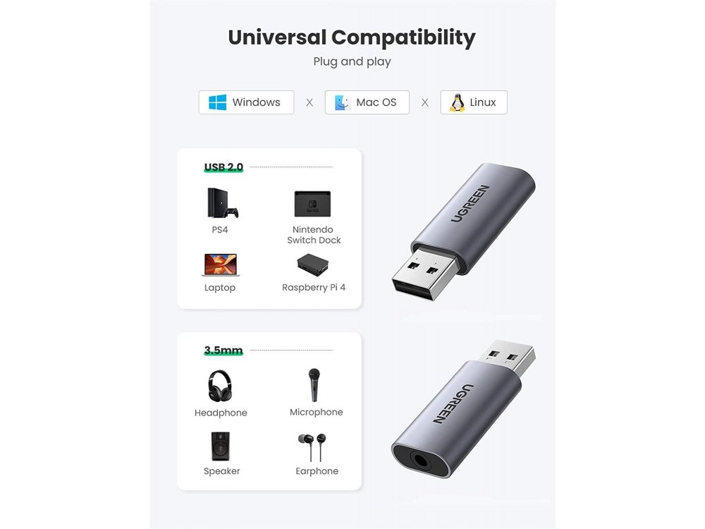 Ugreen USB Audio Adapter External Stereo Sound Card with Mic, 2-in-1 USB σε 3.5mm Jack Εξωτερική Κάρτα Ήχου - 80864