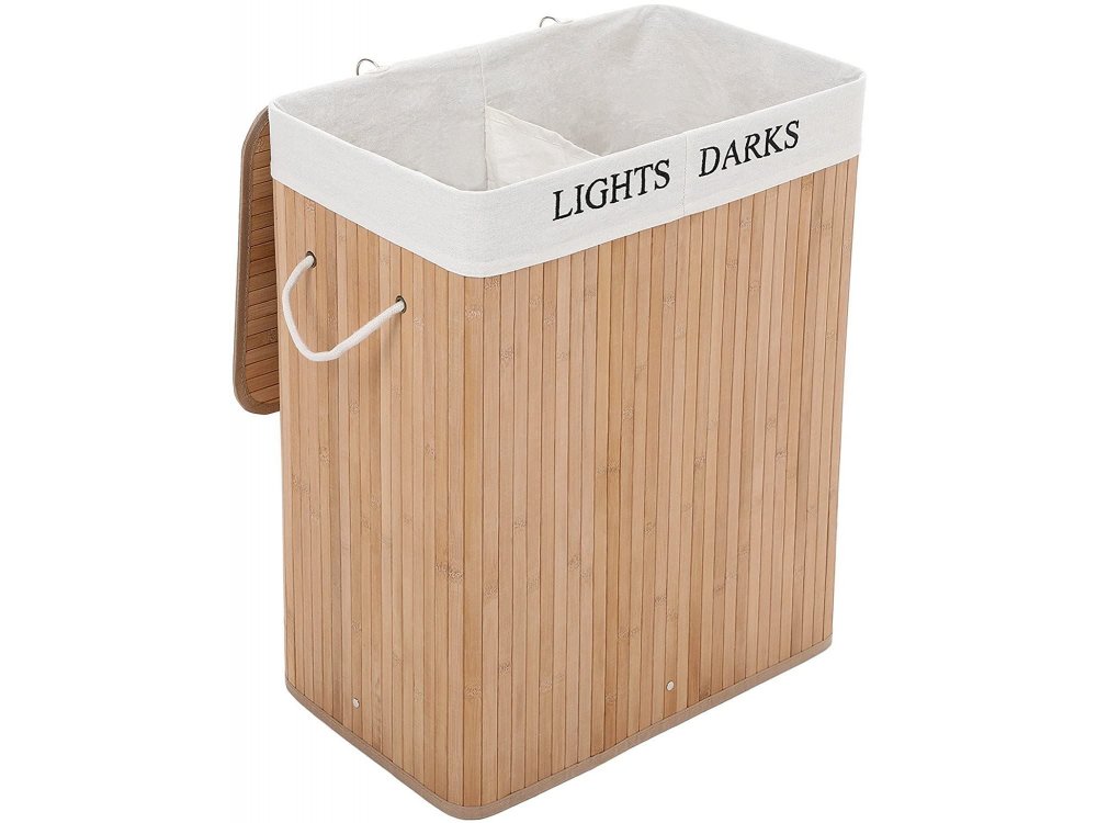 Songmics Bamboo Washer Basket, 2 compartments with 2 Sides Lid, Folding - LCB64Y
