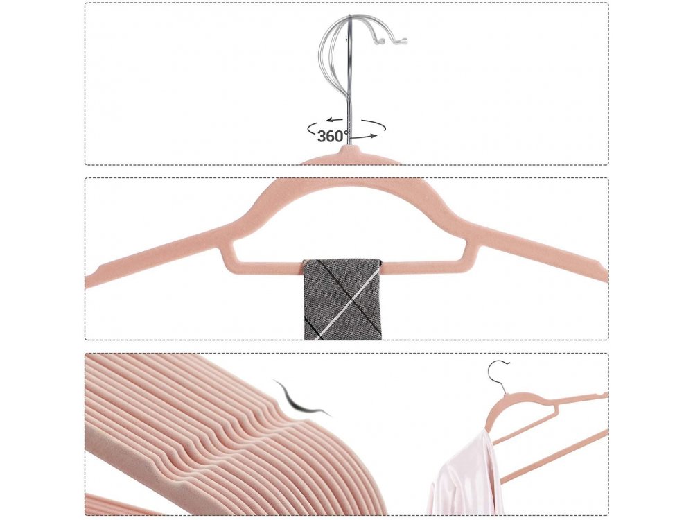 Songmics Velvet Clothes Hangers Set of 50pcs with rotating Hook - CRF50PK, Light Pink
