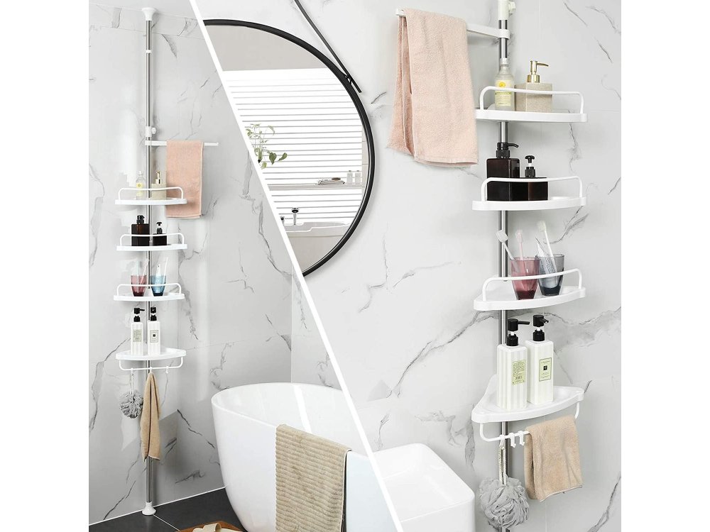 Songmics Bathroom Rack, Shelf with 4 Shelves 95-300cm Extendable (Floor with Ceiling), 3 Hooks + 1 Hanger - BCB02SW