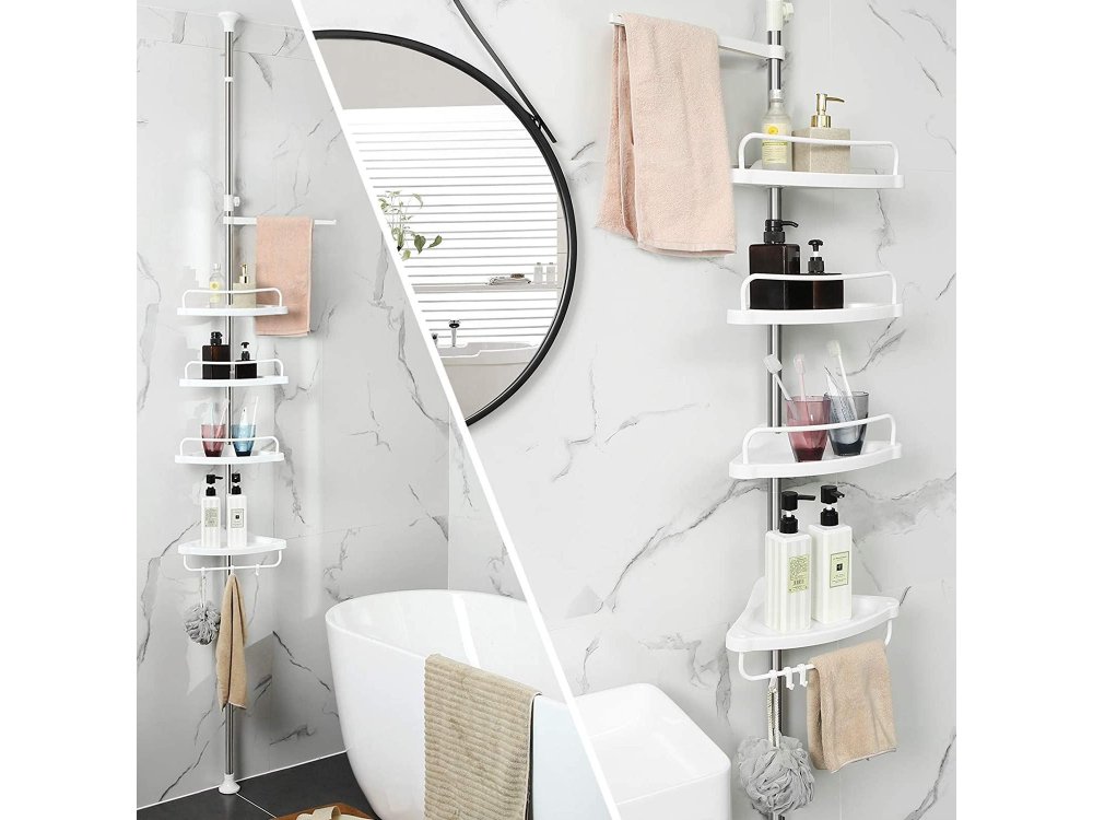 Songmics Εταζέρα Μπάνιου, Ραφιέρα με 4 Ράφια 95-300cm Επεκτεινόμενη (Πάτωμα με Ταβάνι), 3 Γάντζοι + 1 Κρεμάστρα - BCB02SW