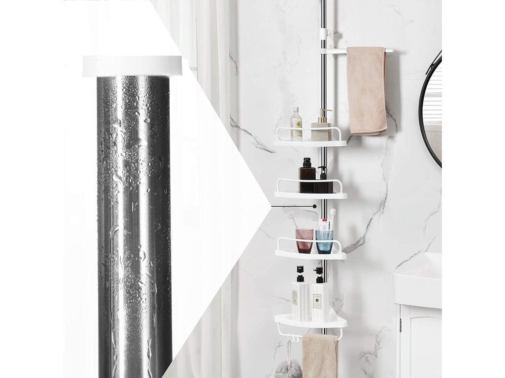 Songmics Εταζέρα Μπάνιου, Ραφιέρα με 4 Ράφια 95-300cm Επεκτεινόμενη (Πάτωμα με Ταβάνι), 3 Γάντζοι + 1 Κρεμάστρα - BCB02SW