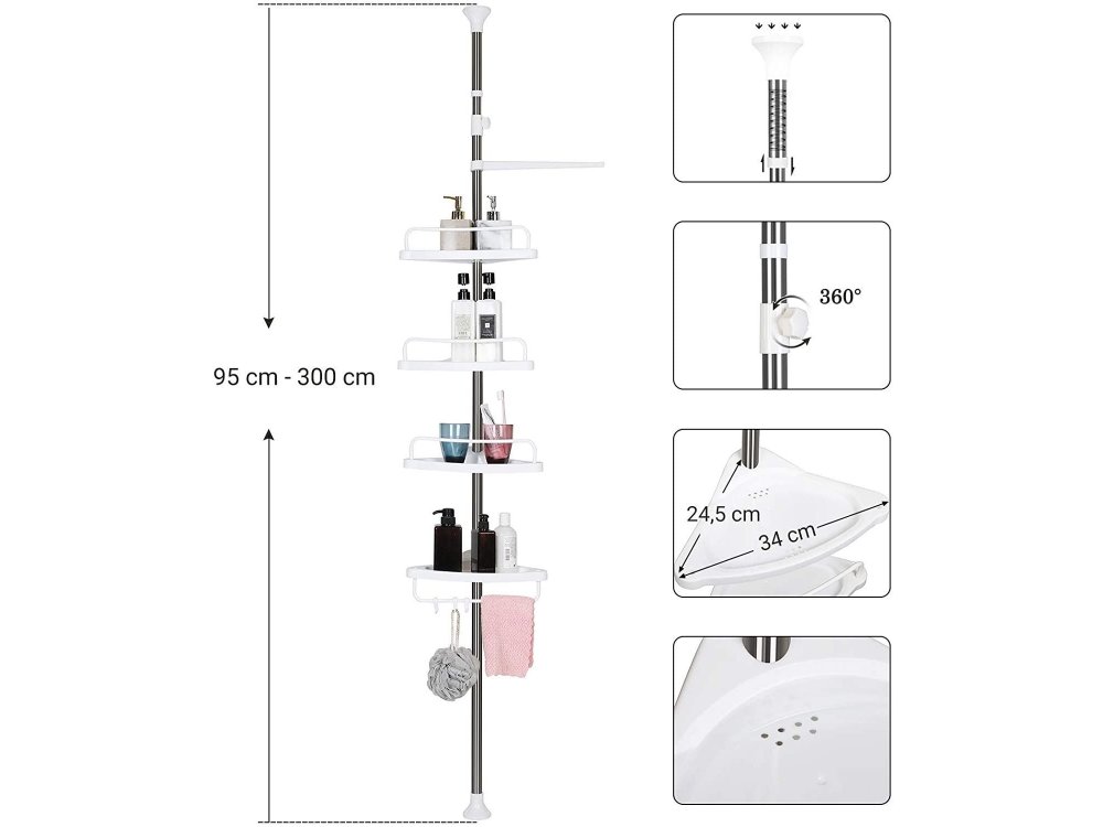 Songmics Εταζέρα Μπάνιου, Ραφιέρα με 4 Ράφια 95-300cm Επεκτεινόμενη (Πάτωμα με Ταβάνι), 3 Γάντζοι + 1 Κρεμάστρα - BCB02SW