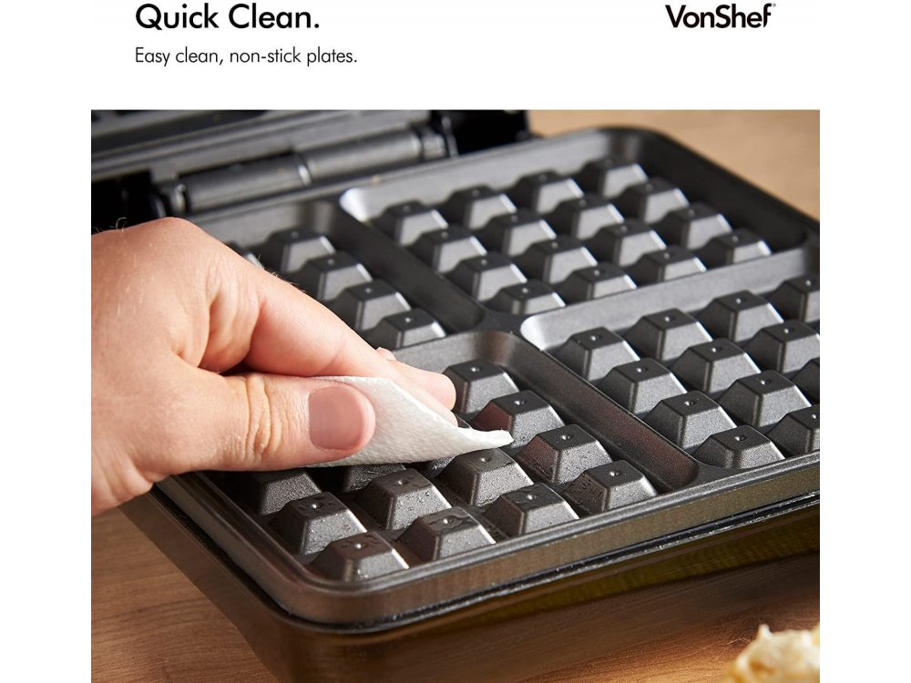 VonShef Waffle Maker, Βαφλιέρα για 4 Βελγικές Βάφλες, με Αντικολλητικές Πλάκες & Αυτόματο Έλεγχο Θερμοκρασίας 1100W - 13/307