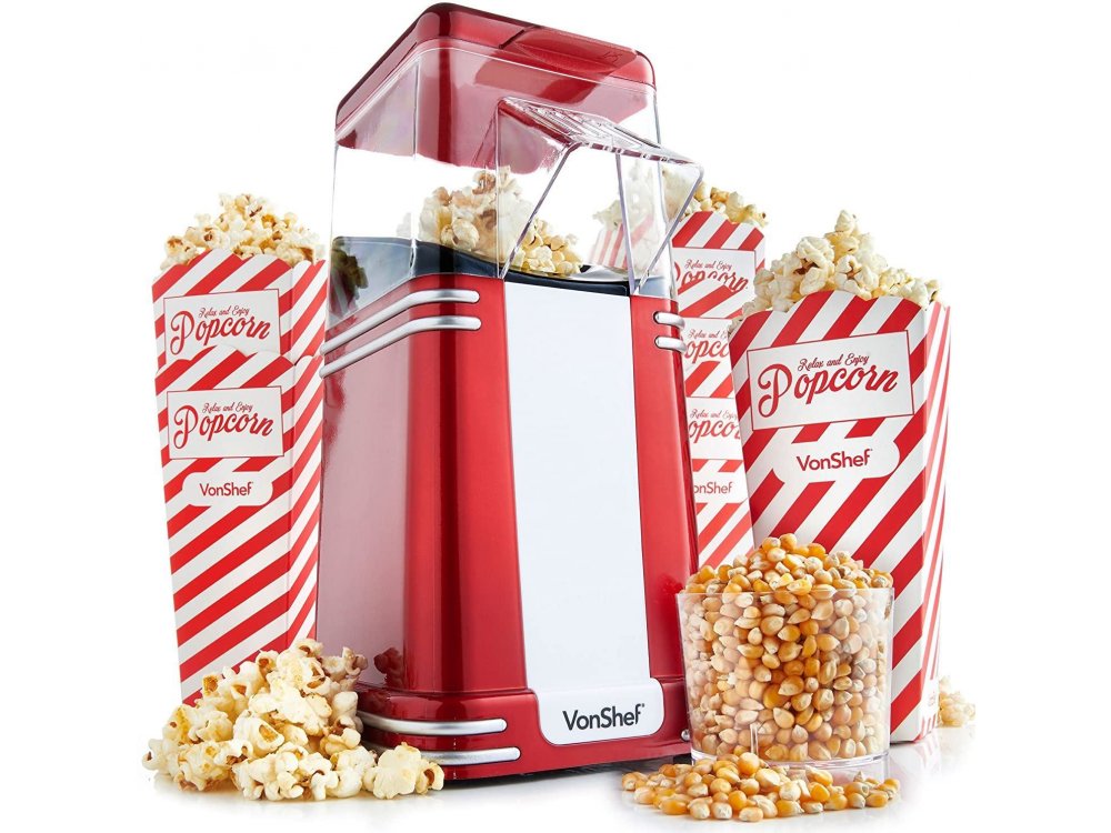 VonShef Retro Popcorn Maker, Vintage Στυλ Μηχανή Ποπ Κορν για υγιεινά σνακ (Περιλαμβάνονται 6 Μπολ) - 13/261, Κόκκινο