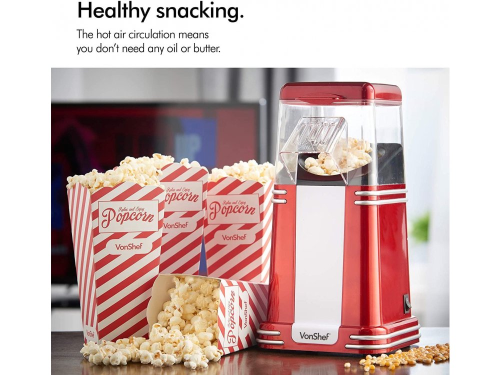 VonShef Retro Popcorn Maker, Vintage Στυλ Μηχανή Ποπ Κορν για υγιεινά σνακ (Περιλαμβάνονται 6 Μπολ) - 13/261, Κόκκινο