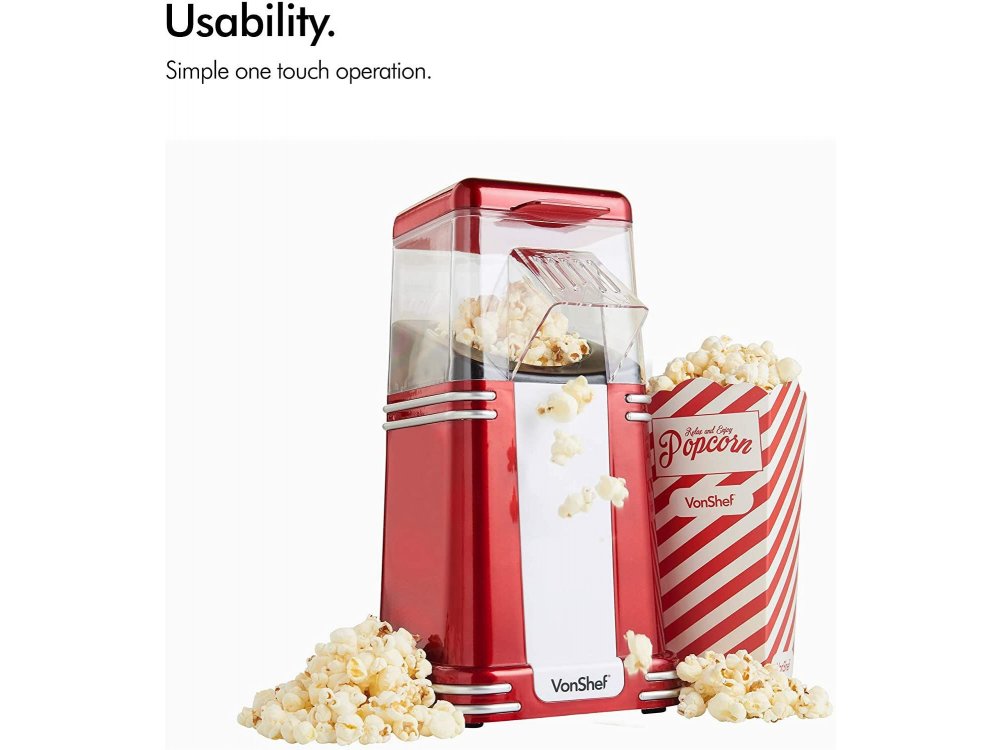 VonShef Retro Popcorn Maker, Vintage Στυλ Μηχανή Ποπ Κορν για υγιεινά σνακ (Πειλαμβάνονται 6 Μπολ) - 13/261, Κόκκινο