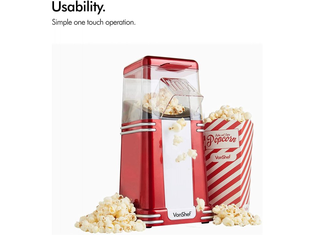 VonShef Retro Popcorn Maker, Vintage Στυλ Μηχανή Ποπ Κορν για υγιεινά σνακ (Περιλαμβάνονται 6 Μπολ) - 13/261, Κόκκινο