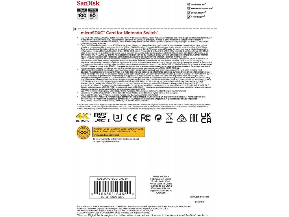 Sandisk micro SDXC 512GB card for Nintendo Switch - SDSQXAO-512G-GNCZN