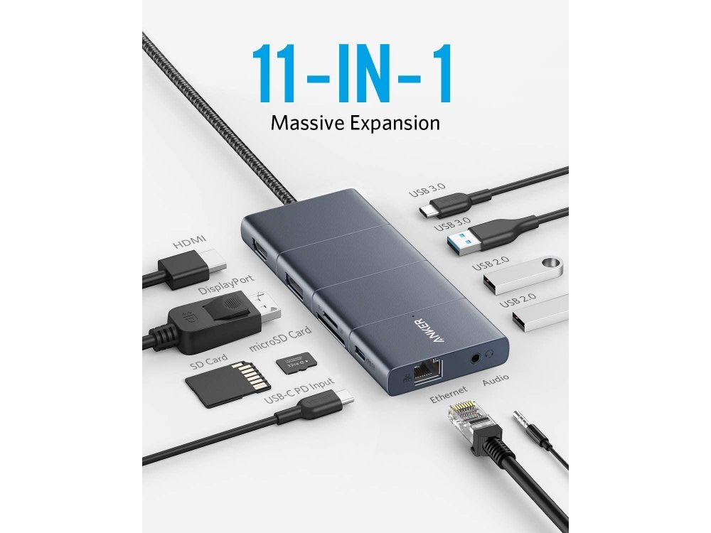Anker PowerExpand+ 11-in-1 Type-C Hub 100W 4K@60Hz HDMI + DP + 4*USB + USB-C + Micro SD/SD + Gbps LAN + Audio - A83850A1
