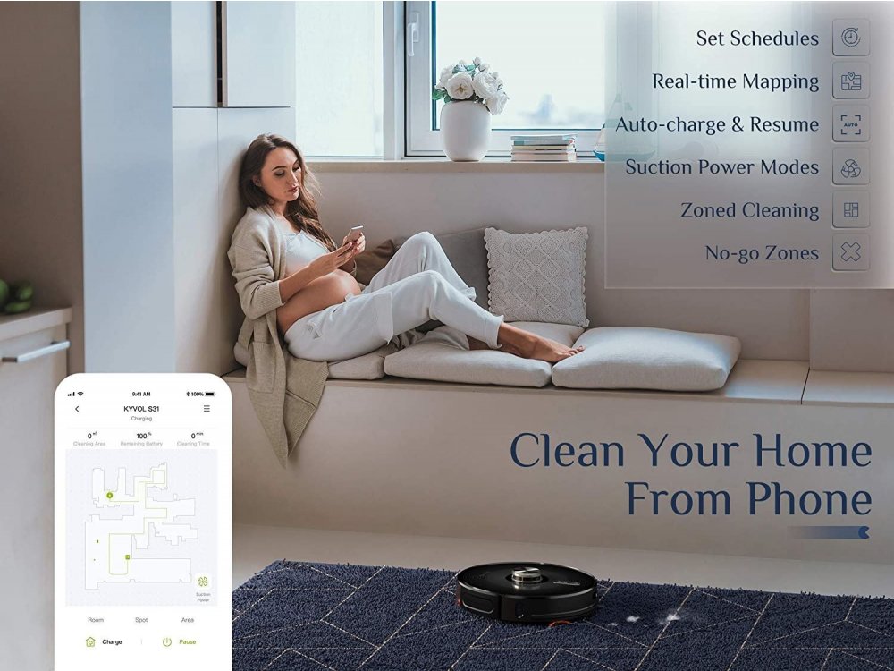 Kyvol Cybovac S31 Smart Robot Vacuum / Mopping Cleaner με Λειτουργία Σφουγγαρίσματος, 3000Pa, με Βάση & App, Μαύρη