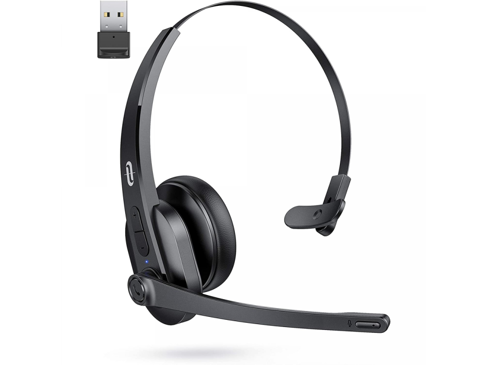 TaoTronics Trucker Bluetooth + USB Dongle Headset 41 with AI Auto Noise-cancelling Microphone, Black - TT-BH041