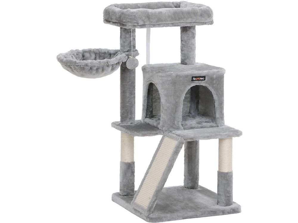 FEANDREA Velvet Nail Track with Pillars, 4 Level Cat Tree with 1 Hide, from Sisal 48x48x96cm - PCT51W, Light Gray