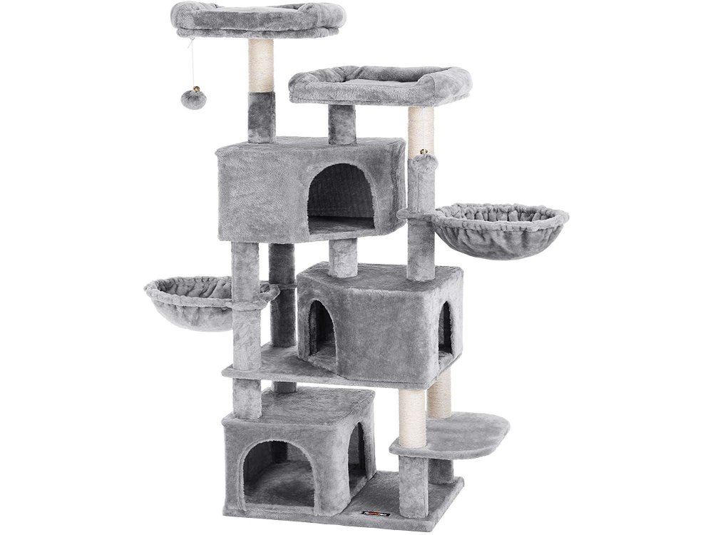 FEANDREA Velvet Nail Track with Pillars, 8 Level Cat Tree with 3 Hiding Houses, from Sisal 55x40x164cm - PCT98W, Light Gray