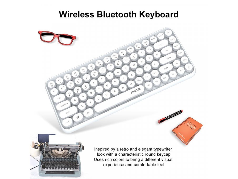 Ajazz 308i Ultra Compact Slim Profile Bluetooth Keyboard Multi-Device, Retro with Round Keys, White