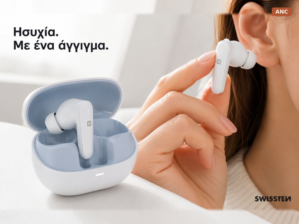 Swissten Focus In-ear Bluetooth 5.3 Handsfree Ακουστικά με ANC & Θήκη Φόρτισης, White