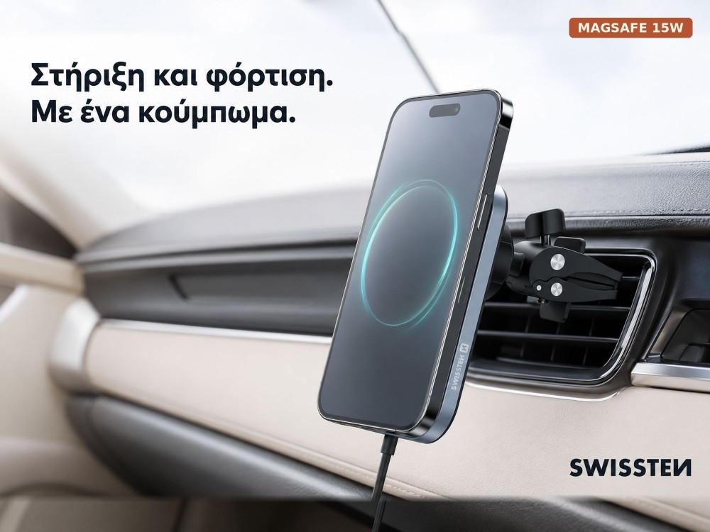Swissten 2-in-1 Magnetic Car Holder, Μαγνητική Βάση / MagSafe 15W Κινητού Αυτοκινήτου για Ασύρματη Φόρτιση, Black