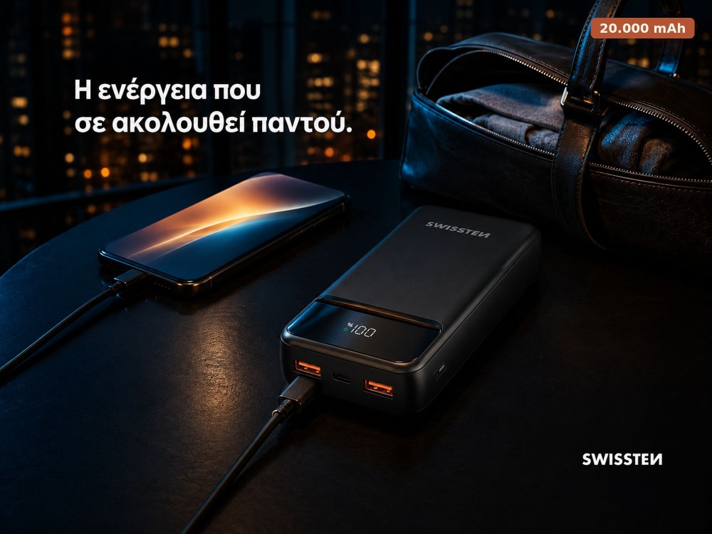 Swissten Power Line II 20000 PD 22.5W USB-C Power Bank 20.000mAh Power Delivery & QC3.0, Μαύρο