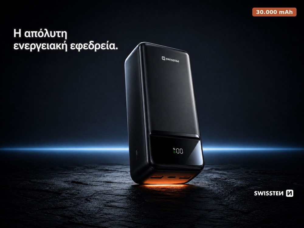 Swissten Power Line II 30000 PD 22.5W USB-C Power Bank 30.000mAh Power Delivery & QC3.0, Μαύρο