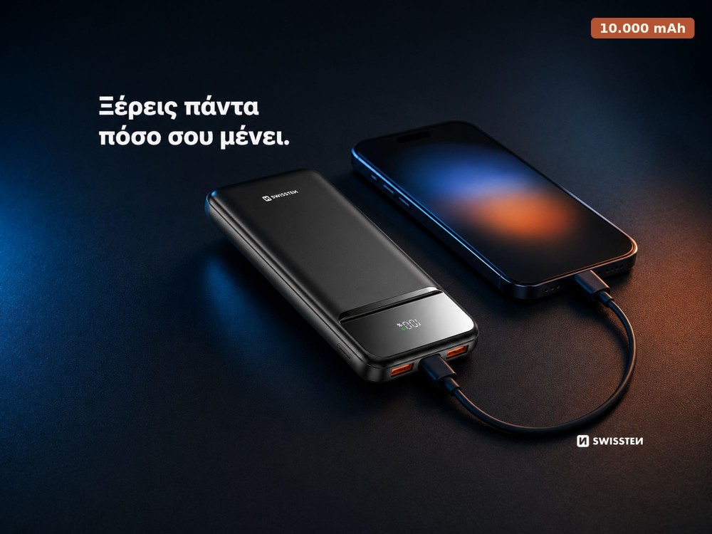 Swissten Power Line II 10000 PD 22.5W USB-C Power Bank 10.000mAh Power Delivery & QC3.0, Μαύρο