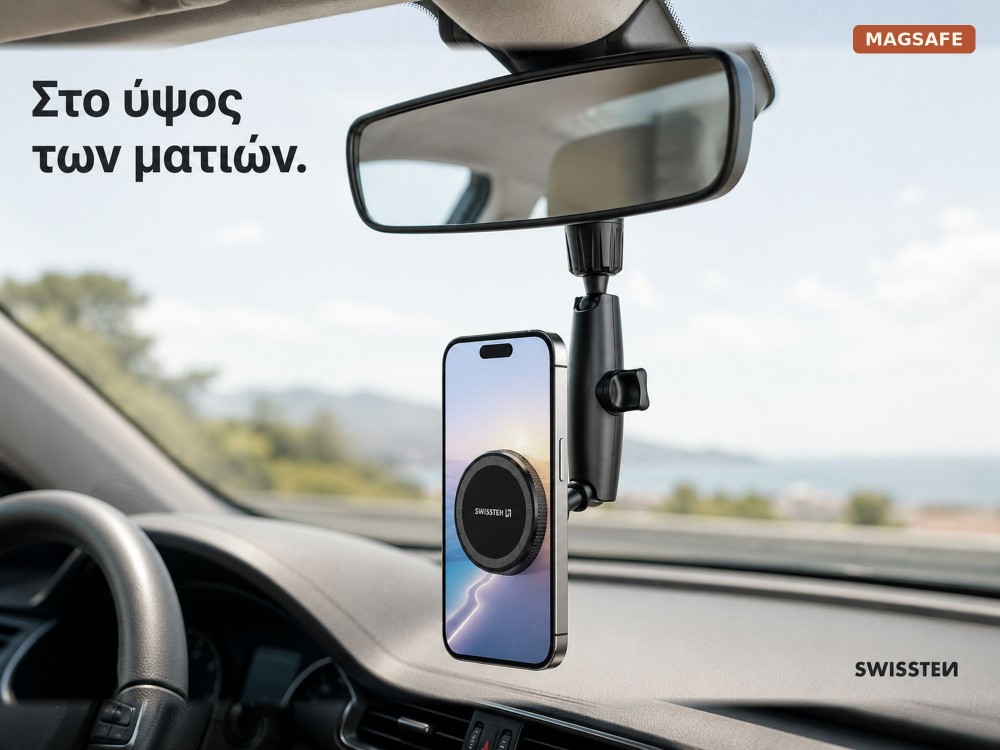 Swissten Rearview Mirror Magnetic Car Holder, Μαγνητική Βάση Κινητού Αυτοκινήτου για Καθρέφτη, Μαύρη