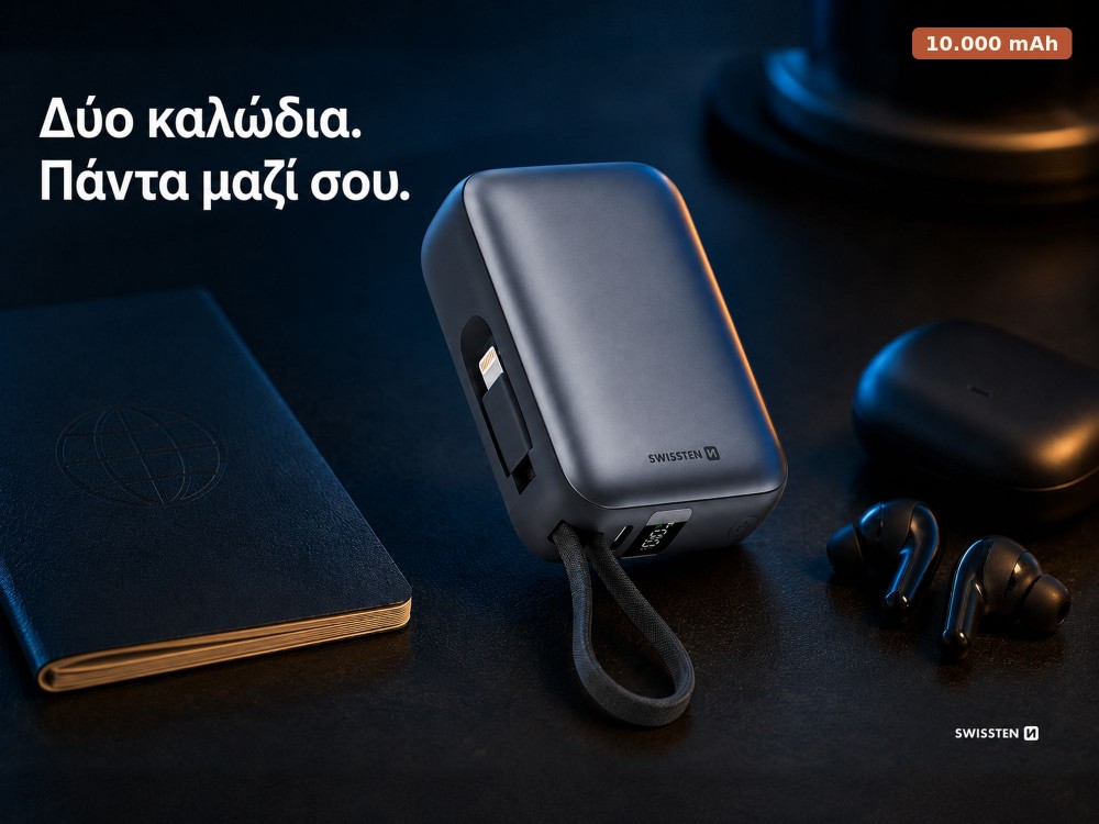 Swissten Space Power Bank 22.5W, 10.000mAh, με Θύρα USB-C & Ενσωματωμένα Καλώδια USB-C & Lightning, Silver