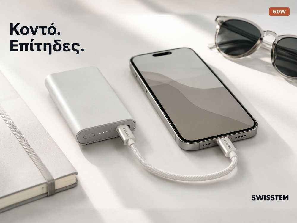 Swissten Textile USB-C Cable, Καλώδιο USB-C σε USB-C 60W, 20εκ., Silver