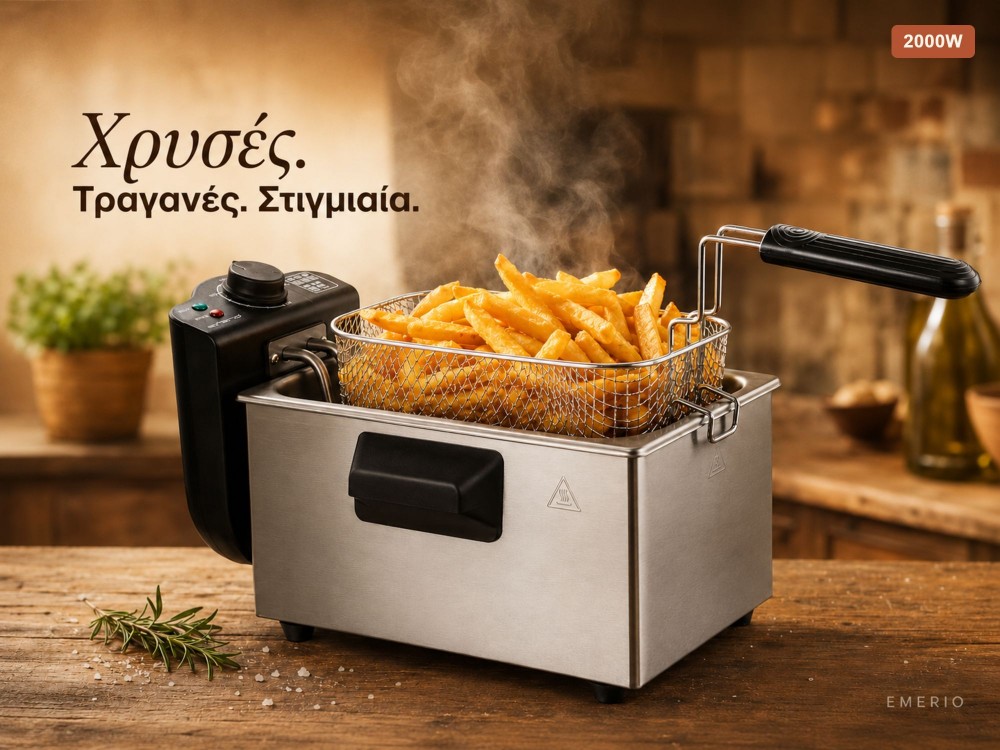 Emerio Stainless Steel Oil Fryer BPA & PFAS free, with Detachable Bucket 3lt &Cap, Silver