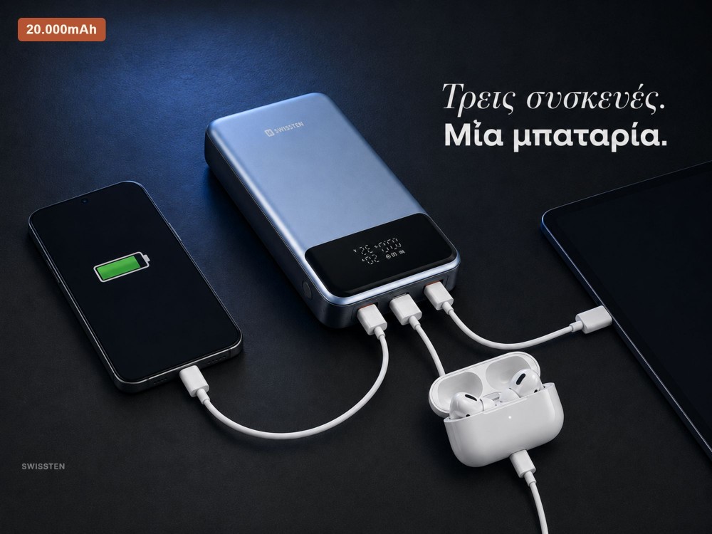 Swissten Power Bank 20000mAh για Laptop, 100W με Θύρα USB-C και 2 Θύρες USB-A Power Delivery / Quick Charge 3.0, Grey