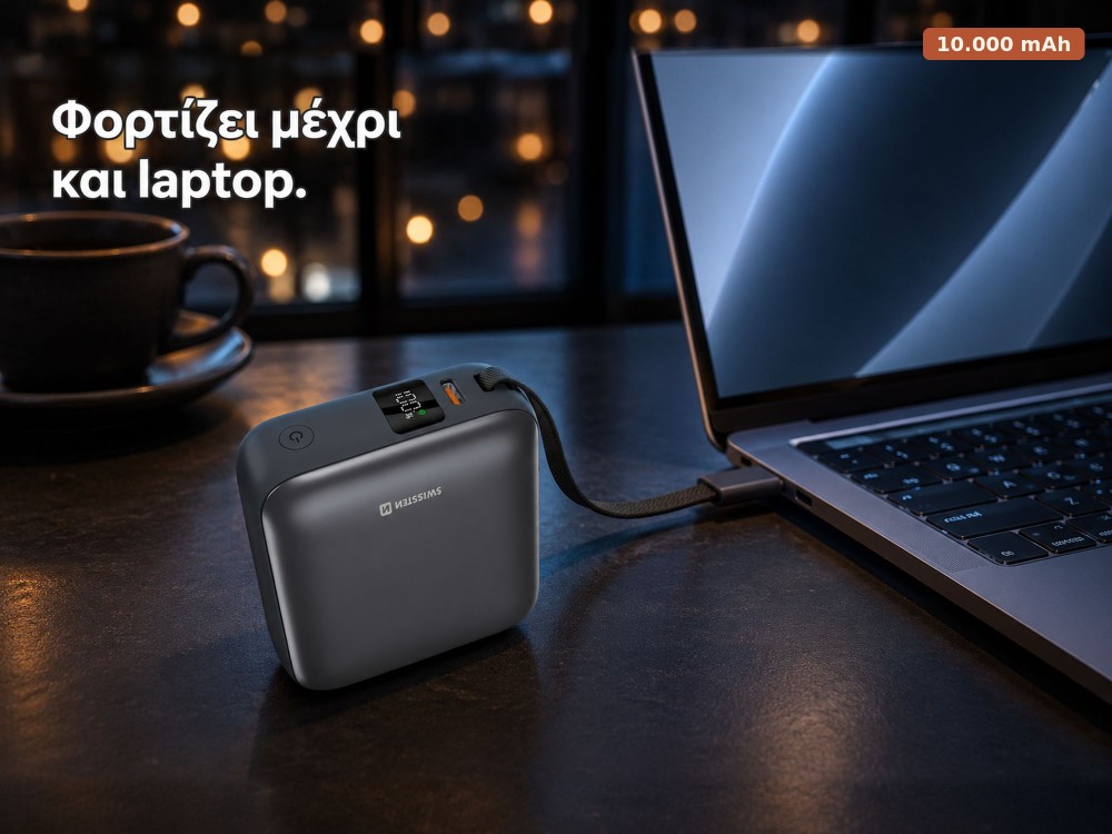 Swissten Space Power Bank 10.000mAh, 35W, με Οθόνη LCD, Θύρα USB-C & Ενσωματωμένο Καλώδιο USB-C, Silver