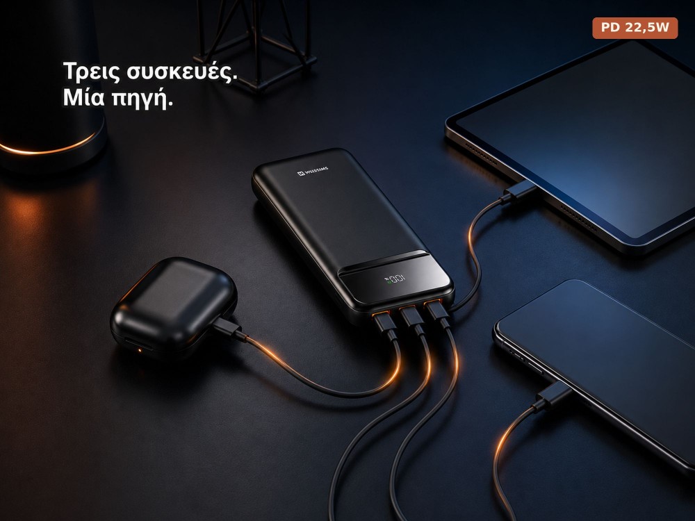 Swissten Power Line II 10000 PD 22.5W USB-C Power Bank 10.000mAh Power Delivery & QC3.0, Μαύρο
