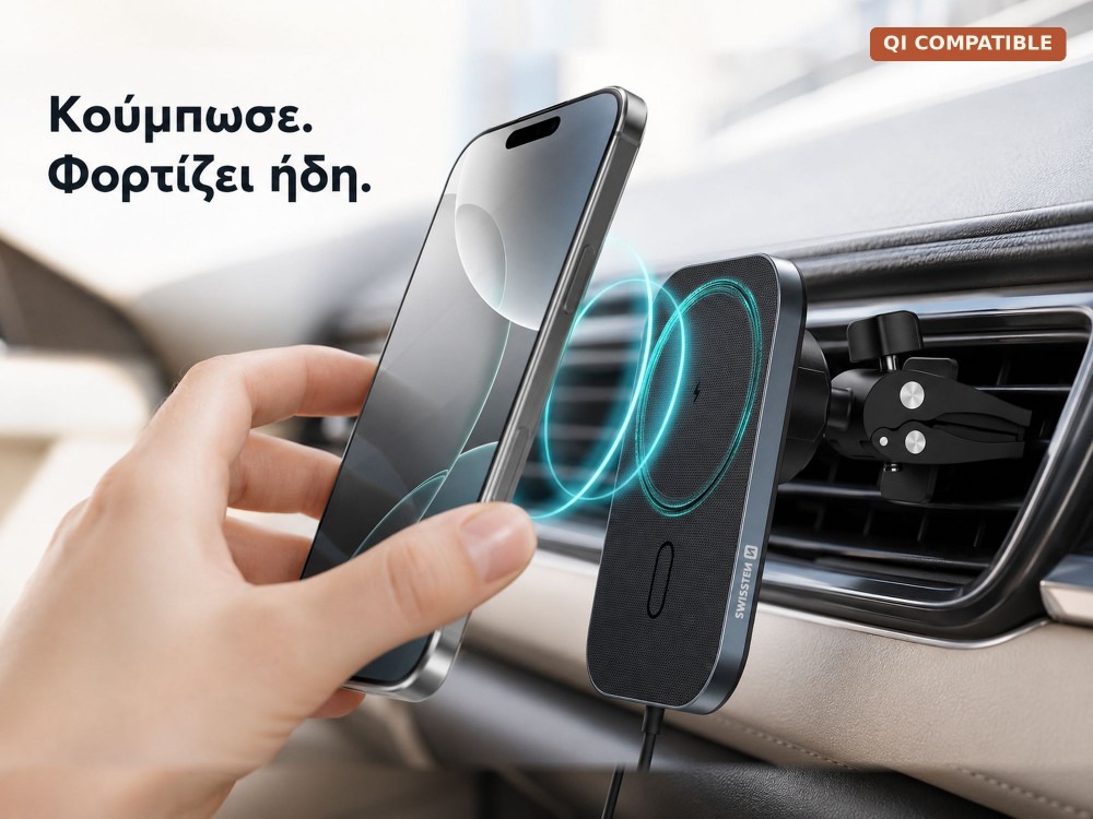Swissten 2-in-1 Magnetic Car Holder, Μαγνητική Βάση / MagSafe 15W Κινητού Αυτοκινήτου για Ασύρματη Φόρτιση, Black