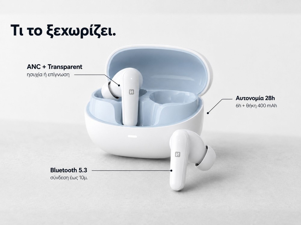 Swissten Focus In-ear Bluetooth 5.3 Handsfree Ακουστικά με ANC & Θήκη Φόρτισης, White