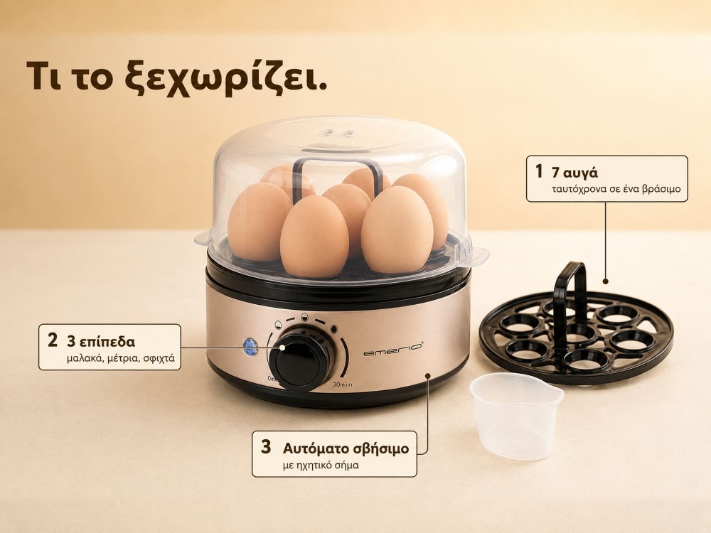 Emerio Egg Boiler, 7 Egg Boiler 400W BPA free, with 3 Boiling Levels & Voice Alerts, Inox