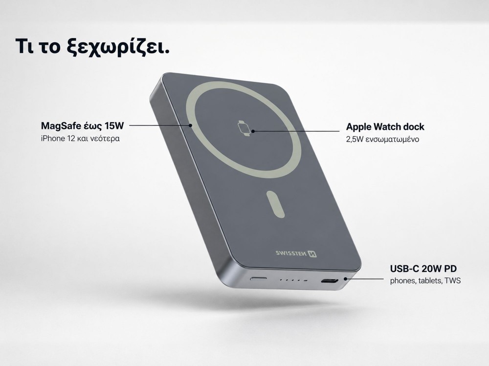 Swissten Fusion Power Bank 10.000mAh, 20W, με Θύρα USB-C & MagSafe 15W Wireless Charging, Silver