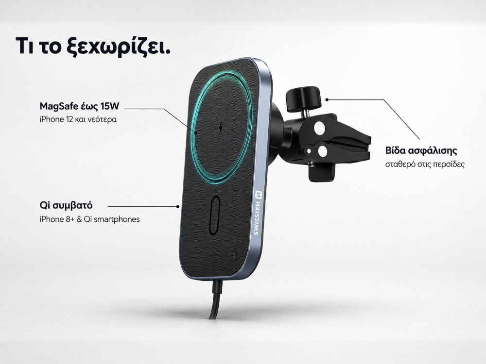 Swissten 2-in-1 Magnetic Car Holder, Μαγνητική Βάση / MagSafe 15W Κινητού Αυτοκινήτου για Ασύρματη Φόρτιση, Black