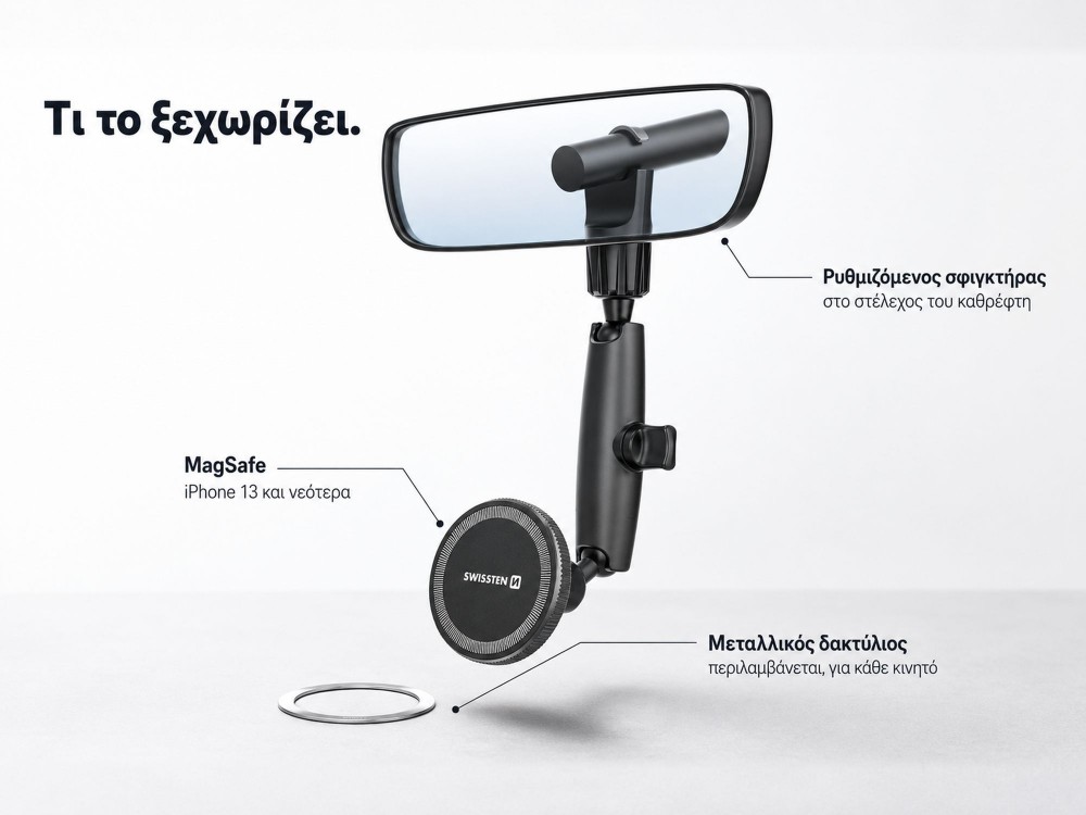 Swissten Rearview Mirror Magnetic Car Holder, Μαγνητική Βάση Κινητού Αυτοκινήτου για Καθρέφτη, Μαύρη