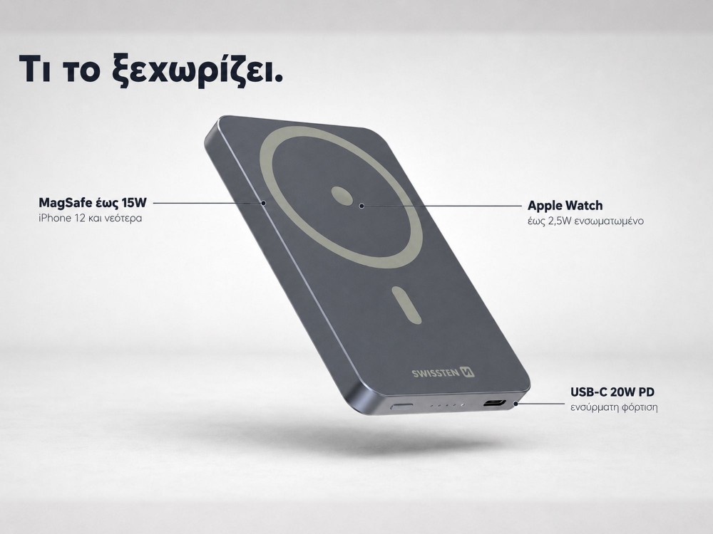Swissten Slim Fusion Power Bank 5000mAh με Θύρα USB-C 20W, MagSafe 15W Wireless Charging, Silver