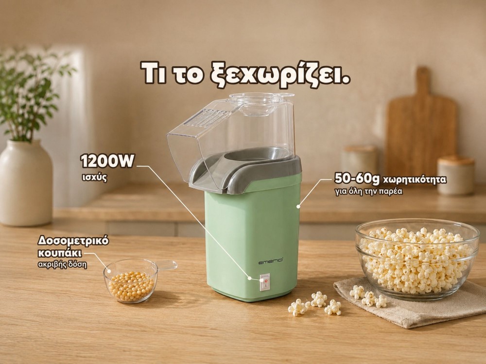 Emerio Popcorn Maker, Hot Air Popcorn Machine for Healthy Snacks, Green