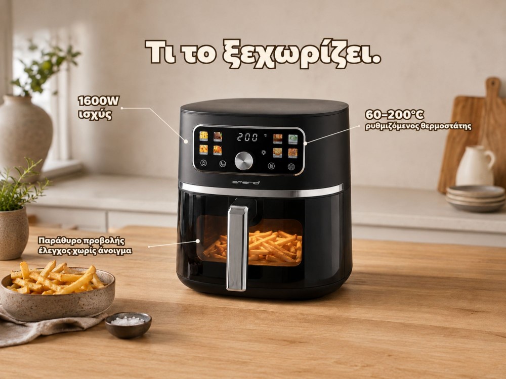Emerio Air Fryer, XL 5.7lt Air Fryer for Healthy Cooking, PFAS-Free, Color Display + Viewing Window