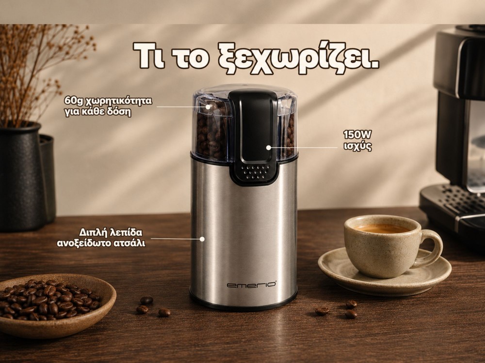 Emerio Electric Stainless Steel Coffee Grinder, 60gr capacity, Silver