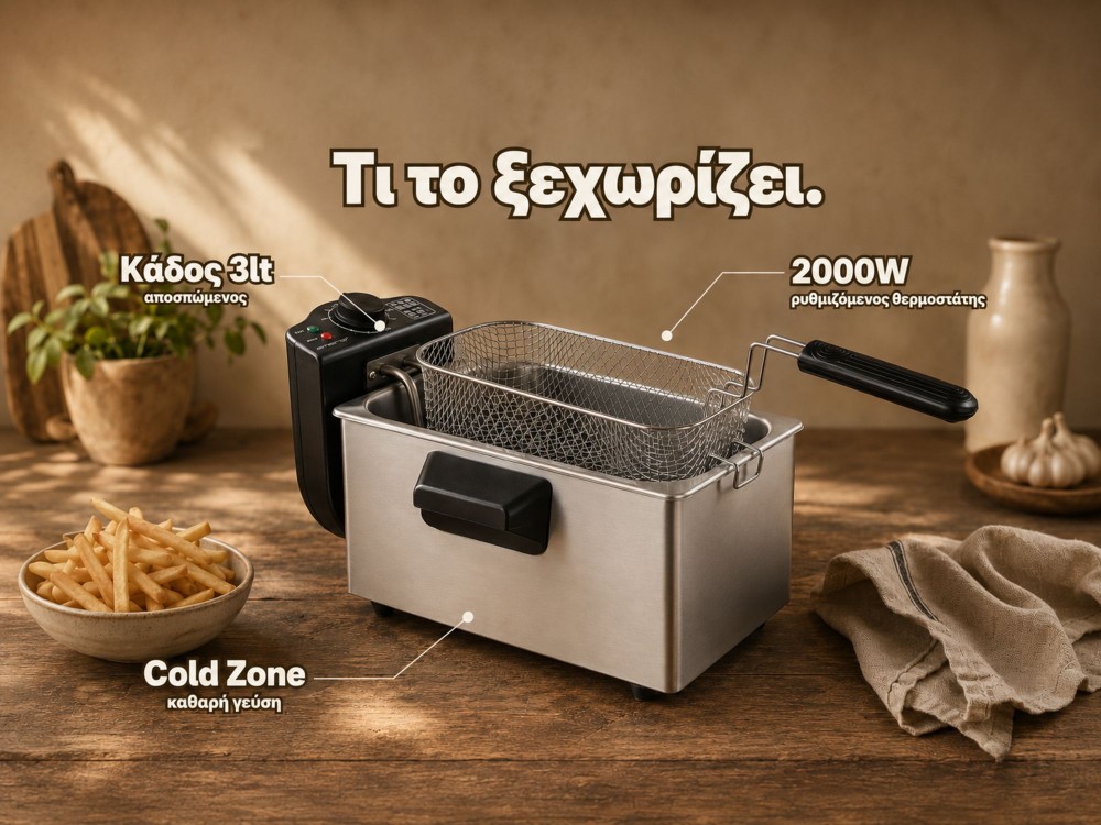 Emerio Stainless Steel Oil Fryer BPA & PFAS free, with Detachable Bucket 3lt &Cap, Silver