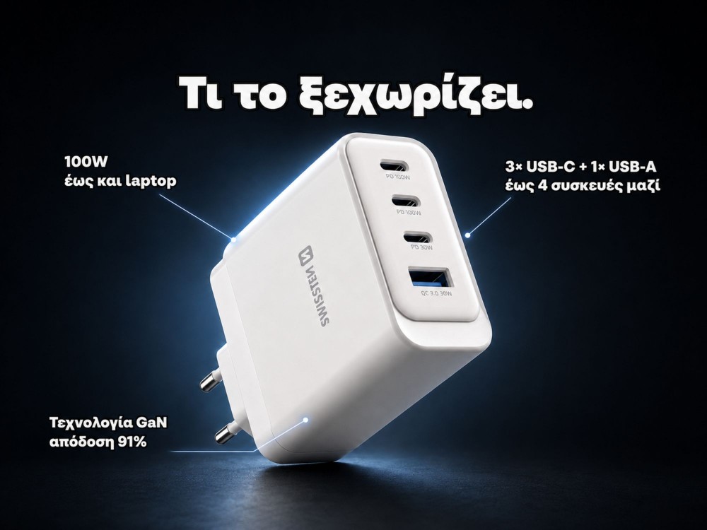 Swissten Core 100W GaN Φορτιστής Πρίζας με 3 Θύρες USB-C & Θύρα USB-A με Υποστήριξη PD / PPS + AVS, White