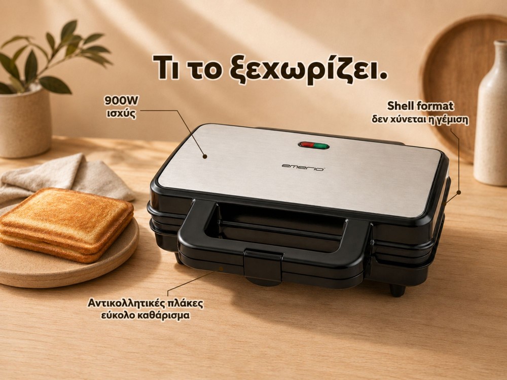 Emerio ST-109562.17 Toaster for 2 Toasts 900W - XXL Sandwich Toaster, Non-stick Griddle, Black