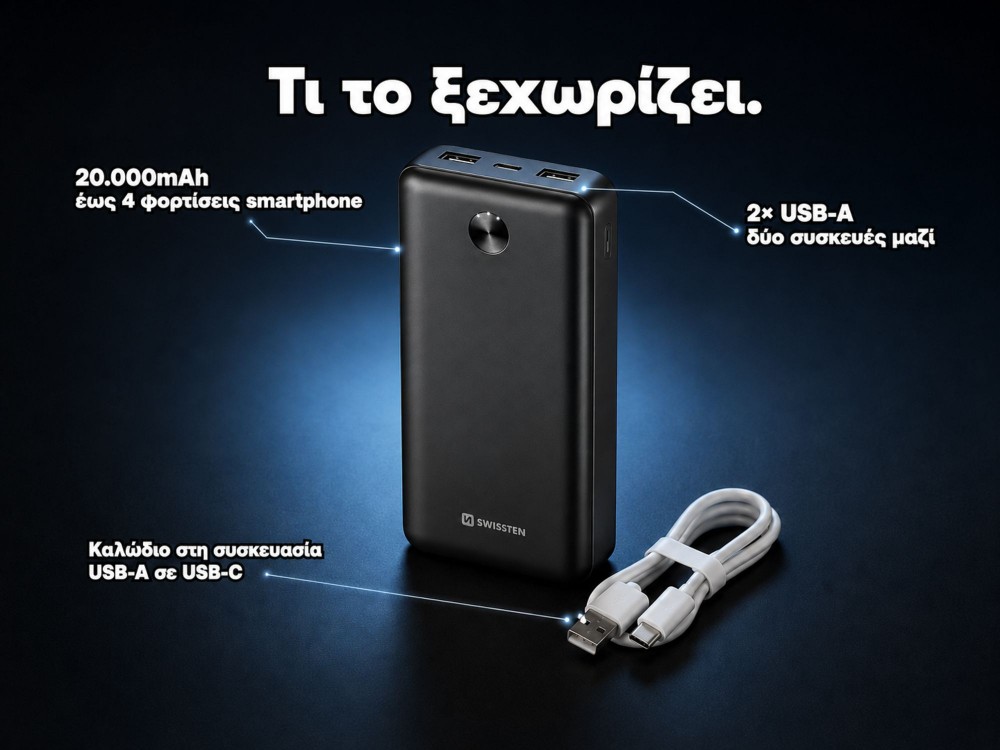 Swissten WORX Pro 20000 USB-C Power Bank 20.000mAh, Μαύρο