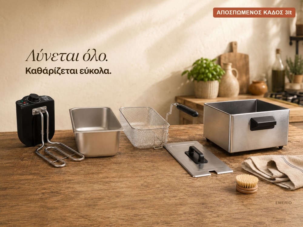 Emerio Stainless Steel Oil Fryer BPA & PFAS free, with Detachable Bucket 3lt &Cap, Silver